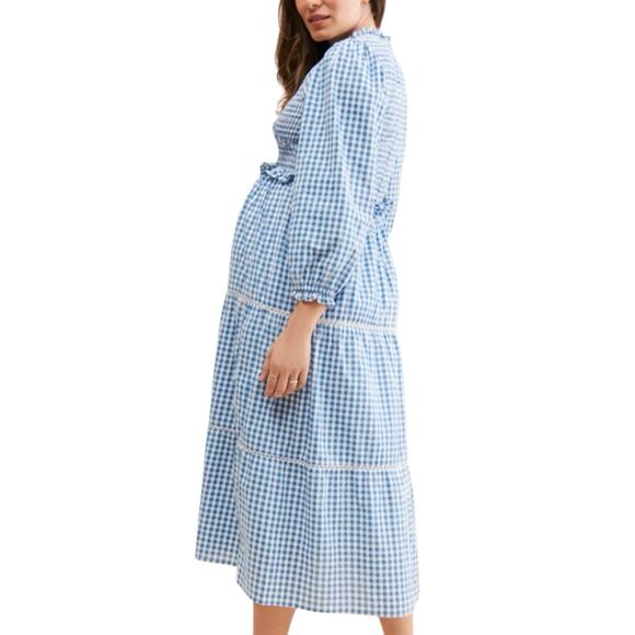 Frances Hart Maternity Ines Dress Blue Gingham Plaid Smocked Midi Dress Size XS - Picture 2 of 10